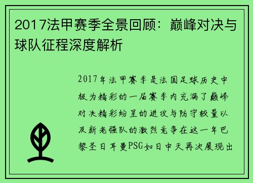 2017法甲赛季全景回顾：巅峰对决与球队征程深度解析