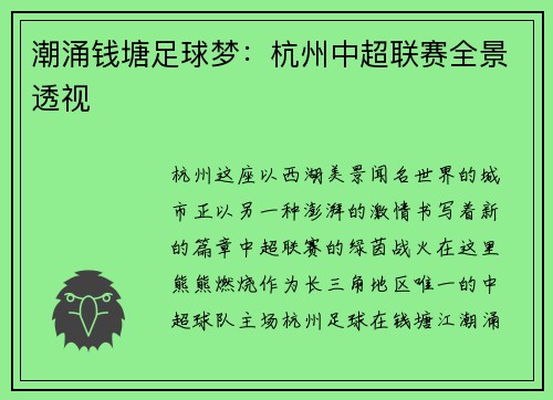潮涌钱塘足球梦：杭州中超联赛全景透视