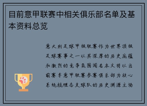 目前意甲联赛中相关俱乐部名单及基本资料总览